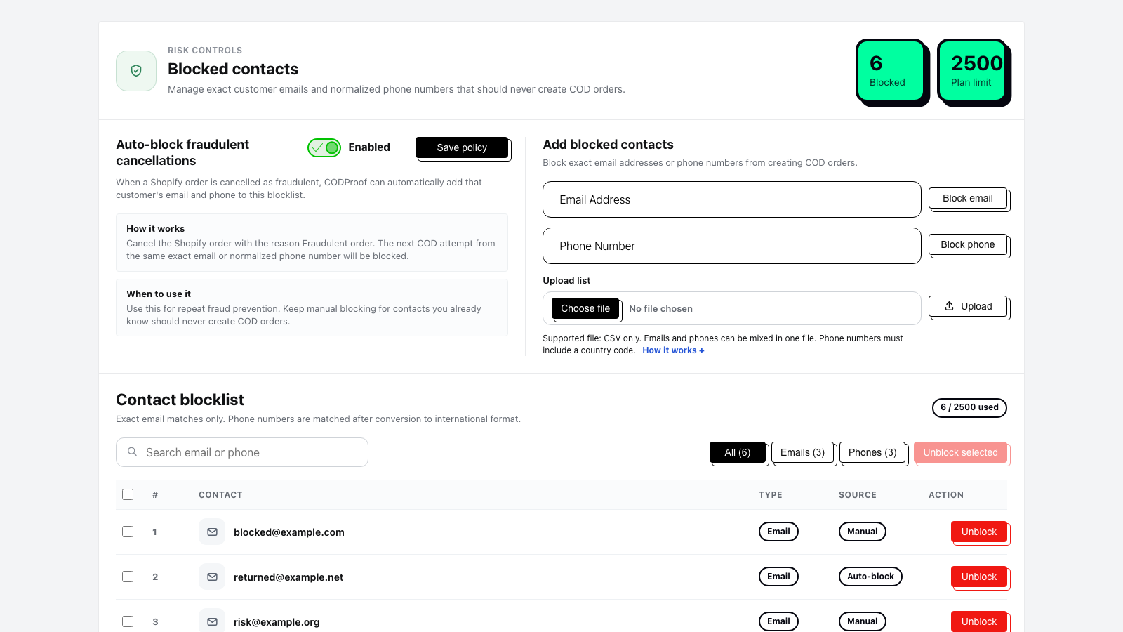 CODProof blocked contacts with manual, auto-block, and bulk upload controls